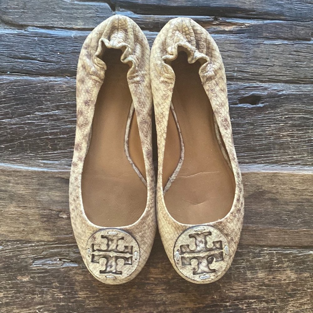 Tory Burch Beige Gold Snakeskin Reva Ballet Flat